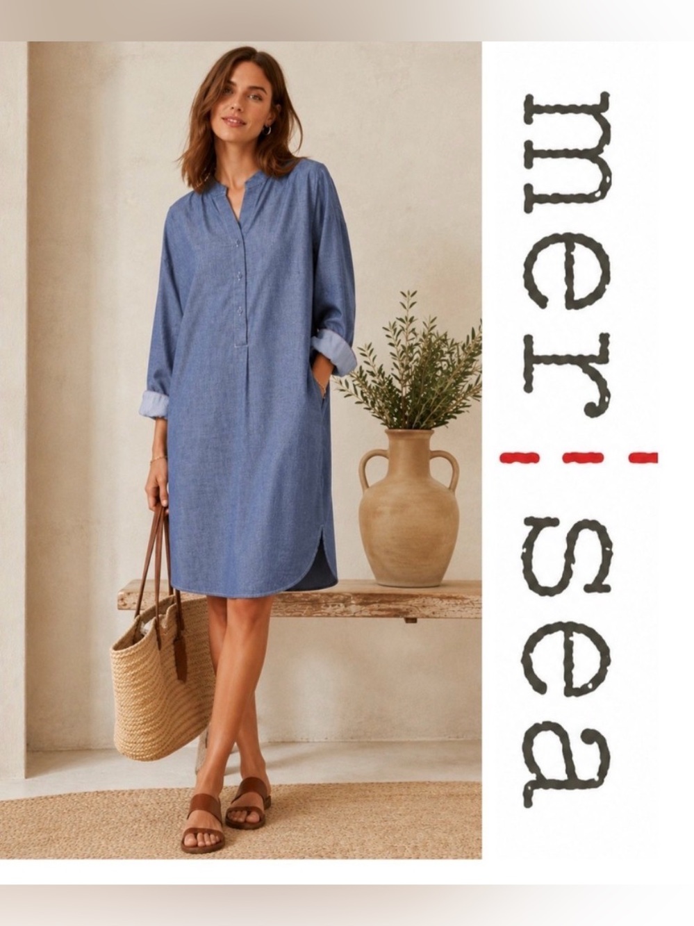 MerSea Chambray Blue Essential Shirt Dress Coastal Minimalist Size Small Medium